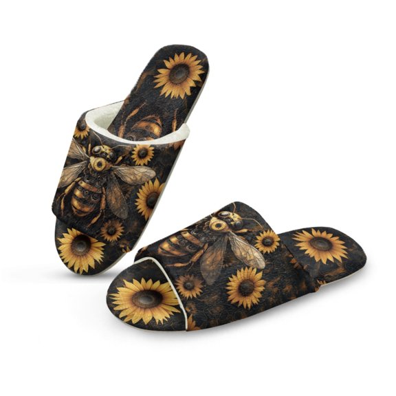 Xoenoiee Bee Sunflower Print Open-toe Slippers for Women Men Soft Comfy Memory Foam Indoor House Shoes with Non-Slip Sole, 10.5-11.5 W/9.5-10.5 M