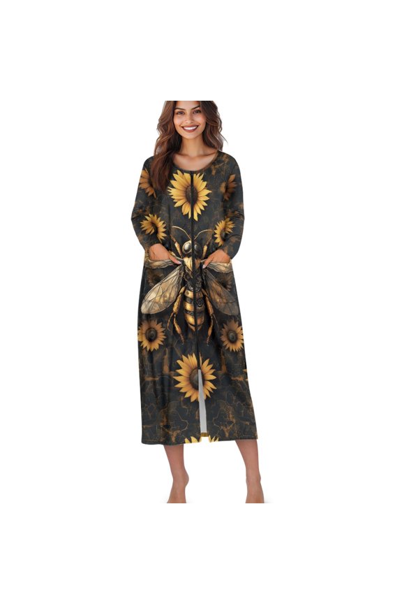 Bee Sunflower Print Women Zipper Robe Long Sleeve House Coats Robes Round Neck Bathrobe with Pockets Comfy Nightgown Sleepwear Plus Size, 4XL