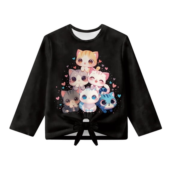 Xoenoiee Black Cat Heart Print Long Sleeve Shirts for Girls Crewneck T-Shirts Kids Soft Long Sleeve Tees Top Twist Knot T Shirts Tie Front Blouses, 9-10 Years