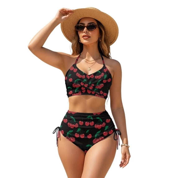 Xoenoiee Black Cherry Print Womens 2 Piece Bikini Sets Cheeky High Cut Bathing Suit Tie Back Swimsuits Swimwear with Tie Side Bottom 2026, 3XL
