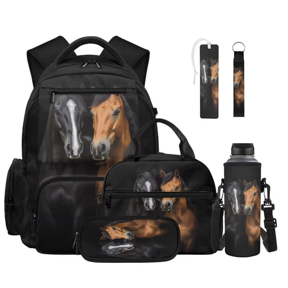 Xoenoiee Black Horse Print School Backpacks for Boys 6 in 1 School Bag Bookbag with Lunch Box Pencil Case Water Bottle Sleeve Bookmark Keychain for Kindergarten Elementary Schoolbag Rucksack