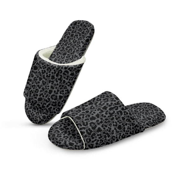 Xoenoiee Black Leopard Print Non-Slip Flannel Slippers with Open Toe Design, Memory Foam Comfort House Shoes Slip-on Slippers for Women Men, 12-13 Women/11-12 Men