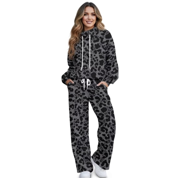 Xoenoiee Black Leopard Print Women's 2 Piece Sets Sweatshirt Casual Travel Outfits Lounge Wide Leg Tracksuit Cozy Sweatsuits Fashion 2026, M