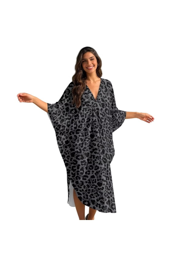 Black Leopard Print Women's Kaftan Dress Plus Size Summer Moo Moos Batwing Sleeves Beach Cover Up for Swimsuit, Lightweight Caftan Dress