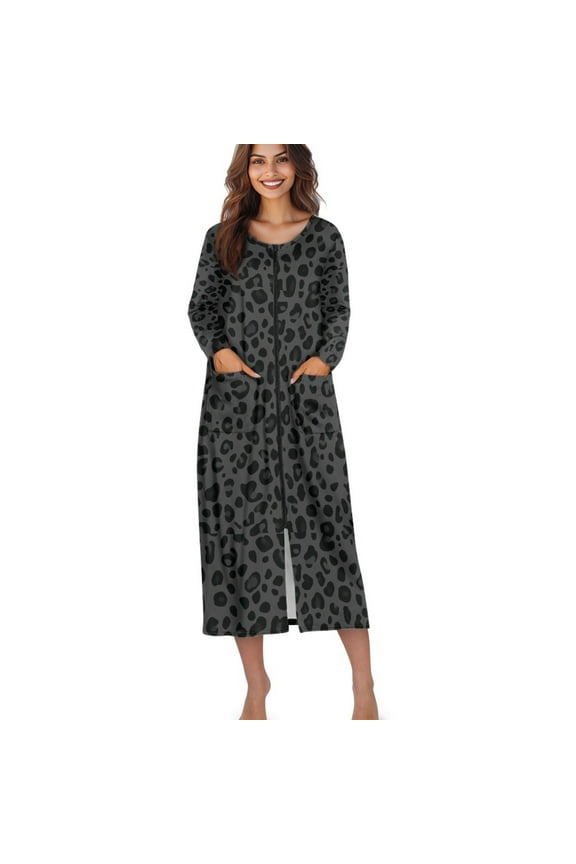 Black Leopard Print Women's Zipper Robe Long Sleeves Housecoat Full Length Nightgown Soft Loungewear Robe with Pockets, S