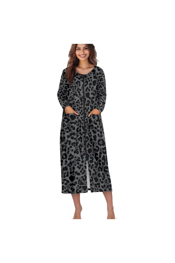 Black Leopard Print Zipper Front Robes for Women House Coat Long Sleeve Loungewear Crew Neck Long Nightgown with 2 Pockets, Size 2XL