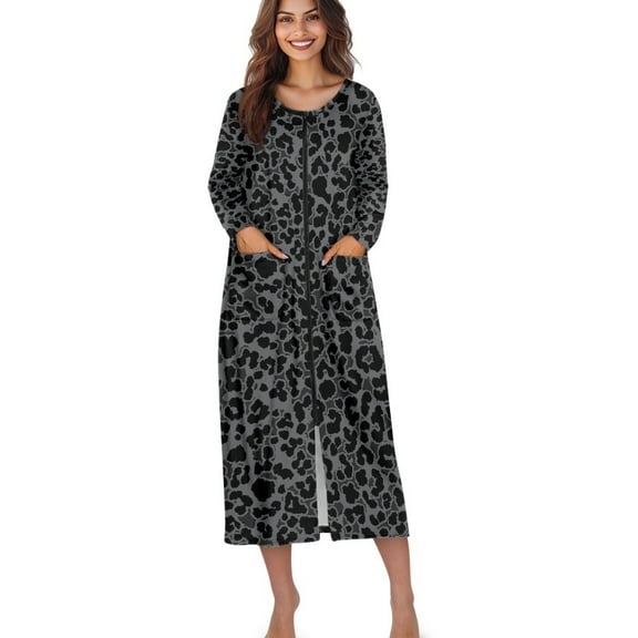 Xoenoiee Black Leopard Print Zipper Front Robes for Women House Coat Long Sleeve Loungewear Crew Neck Long Nightgown with 2 Pockets, Size XL