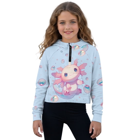 Xoenoiee Blue Axolotl Bubble Print Girls Half Zipper Pullover Sweatshirt Long Sleeve Hoodies with Kangaroo Pocket Fleece Basic Sweater, 13-14 Years