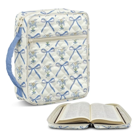 Xoenoiee Blue Bow Lily Flower Print Bible Covers for Women Lightweight Quilted Bible Case Bag Tote Bag with Handle and Zipper Clouse Bible Carrying Accessories