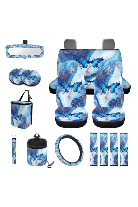Blue Butterfly Marble Car Seat Cover Front Back Seat Protector Set of 15, Steering Wheel Cover Seat Belt Pad Garbage Bag Air Vent Bag Rearview Mirror Cover Coasters Key Chain Universal Fit