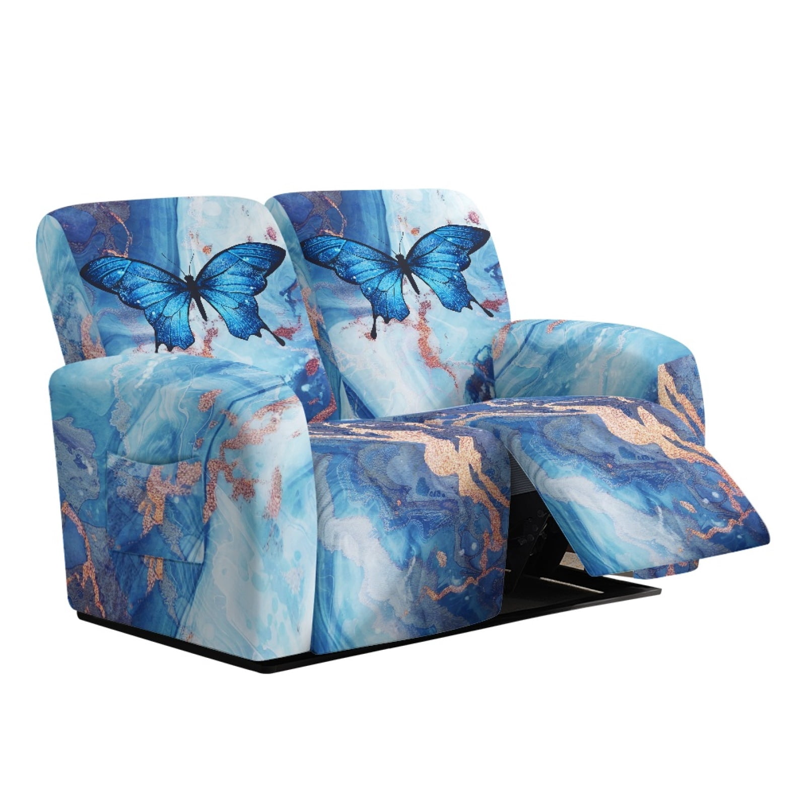 Xoenoiee Blue Butterfly Marble Print Recliner Loveseat Covers, 2 Seater Recliner Couch Covers for 2 Cushion Couch 6 Pieces Stretch Dual Reclining Loveseat Couch Covers