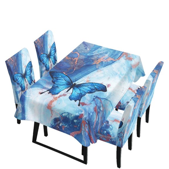 Xoenoiee Blue Butterfly Marble Print Tablecloth with Chair Covers Set of 4, Removable Rectangle Table Cloth and Seat Slipcover for Home Kitchen Holiday Decor, Machine Washable