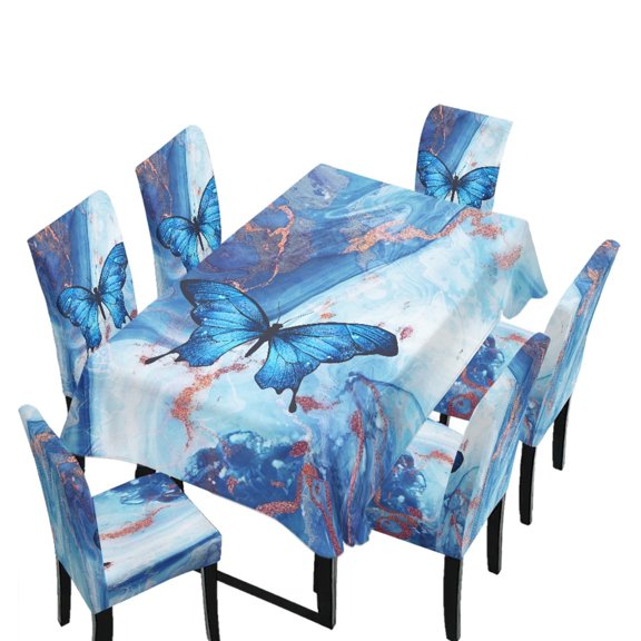 Xoenoiee Blue Butterfly Marble Print Tablecloth with Chair Covers Set of 6, Removable Rectangle Table Cloth and Seat Slipcover for Home Kitchen Holiday Decor, Machine Washable