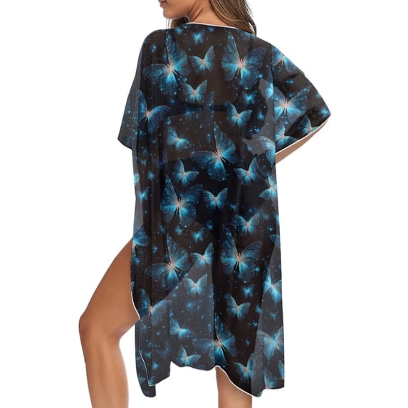 Xoenoiee Blue Butterfly Pattern Summer Kimonos for Women Boho Half Sleeve Flowy Cardigans Swimsuit Beach Cover Ups for Women Swimwear Beachwear