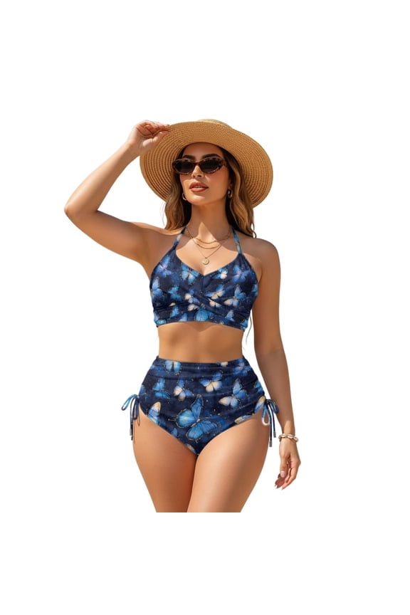 Blue Butterfly Print Women High Waisted Bikini Sets Two Piece Swimsuits Tummy Control Bathing Swim Suits 2026 Summer Modest Swimwear, Size M