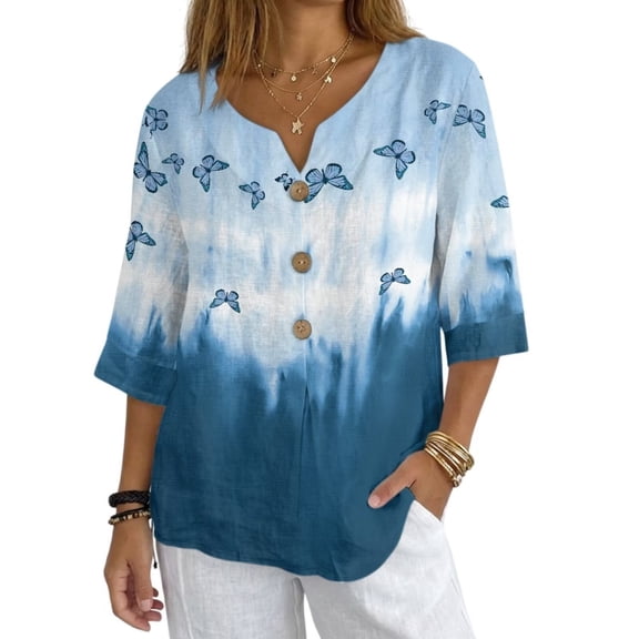 Xoenoiee Blue Butterfly Tie Dye Print Womens Button Down Shirts Linen Cotton 3/4 Sleeve Blouses Casual Loose Fit Gauze Tops Plus Size, Size L