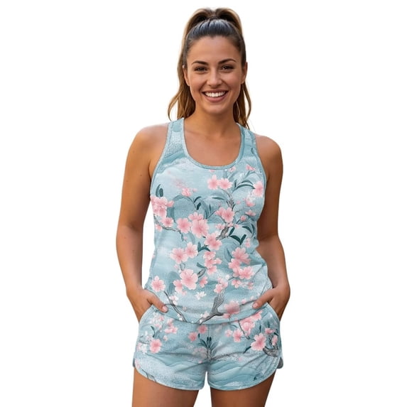 Xoenoiee Blue Cherry Blossom Print 2 Piece Tankini Swimsuits for Women Tummy Control Bathing Suits Swim Tank Top with Bra Boy Shorts Teen Swimwear 2026, 3XL