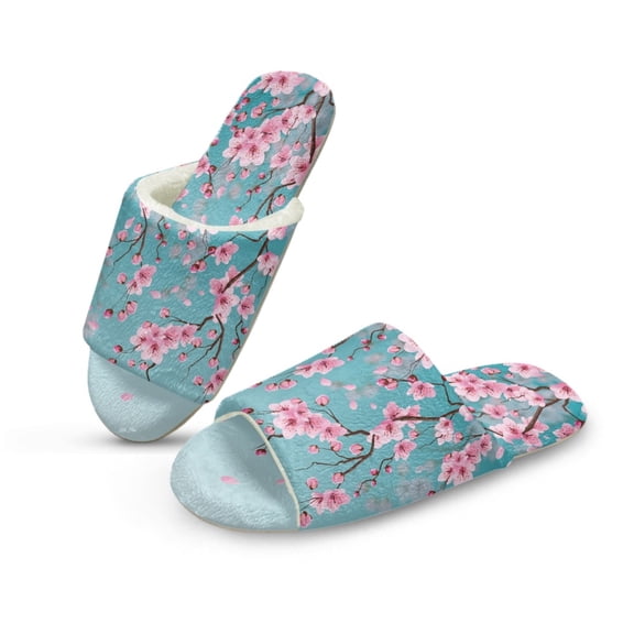 Xoenoiee Blue Cherry Blossom Print House Fuzzy Slippers for Women Men Indoor Warm Open Toe Cozy Slippe, Bedroom Slip on Home Women House Shoes, 10.5-11.5 W/9.5-10.5 M