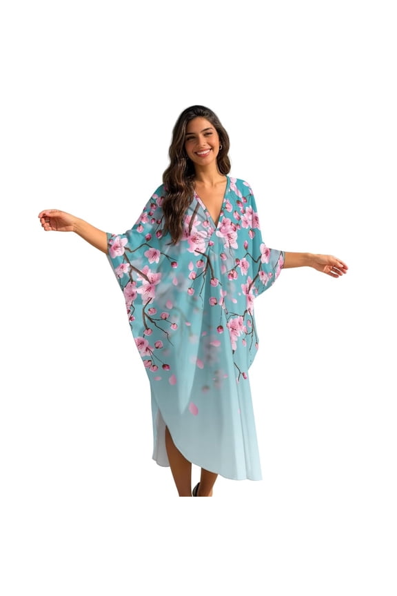 Blue Cherry Blossom Print Kaftan Dresses for Women, V Neck Moo Moos Cover Up Caftan Batwing Sleeve Beach Dresses for Swimwear Loungewear
