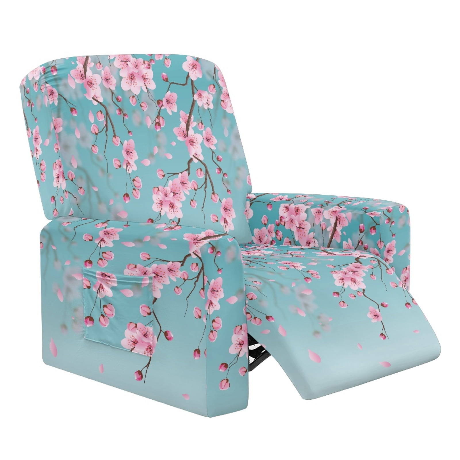 Xoenoiee Blue Cherry Blossom Print Recliner Cover 4 Pieces Lazy Boy Chair Covers Breathable Recliner Sofa Slipcover Anti-Slip Fitted Furniture Protector with Elastic Bottom