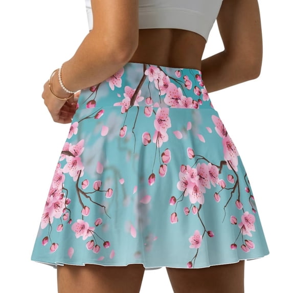 Xoenoiee Blue Cherry Blossom Print Tennis Skirts for Women Pleated Athletic Skort Lightweight Golf Skirts with Shorts Pocket Workout Pickleball, M