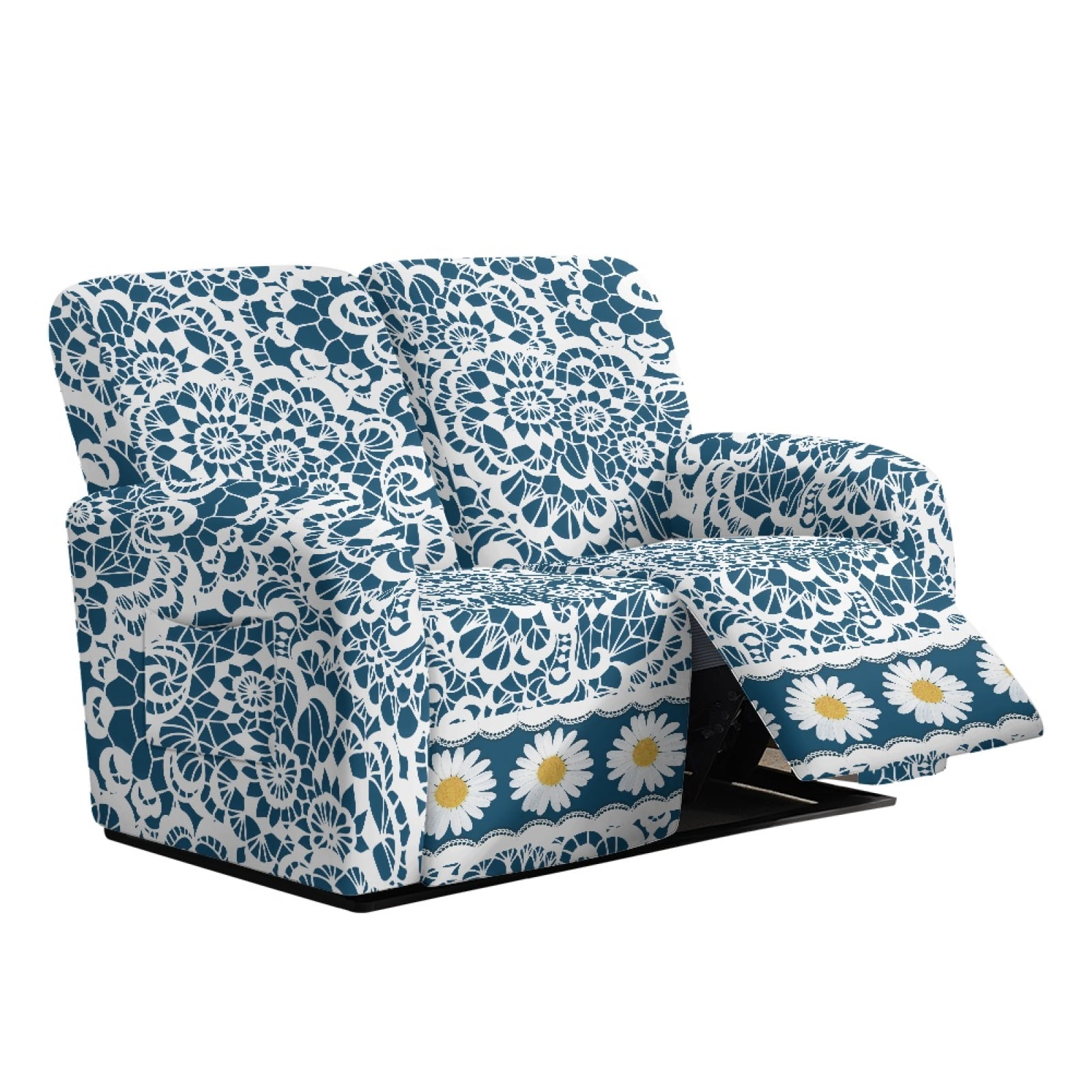 Xoenoiee Blue Daisy Floral Print Reclining Loveseat Cover, Stretch Loveseat Recliner Covers 2 Seater Loveseat Covers for Reclining Loveseat with Pockets Soft Double Recliner Cover for Kids, Pets