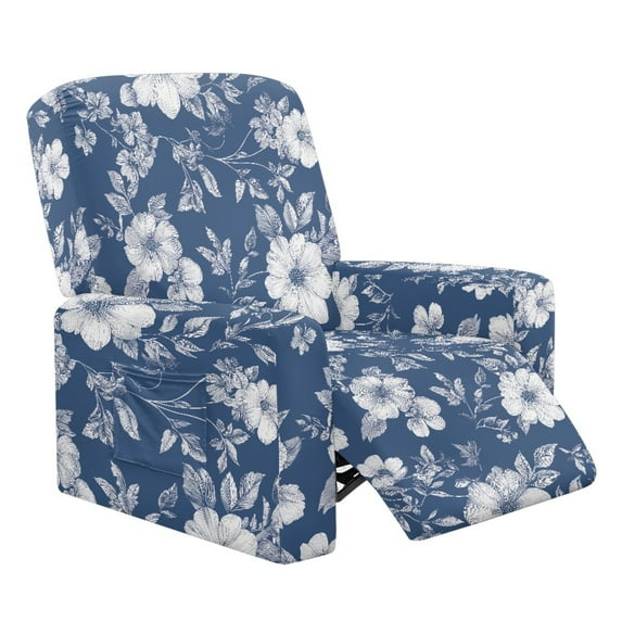Xoenoiee Blue Daisy Flower Pattern Stretch Recliner Chair Covers, 4-Piece Soft Sofa Cover Couch Cover Jacquard Recliner Slipcover with Side Pockets
