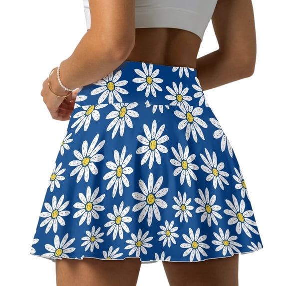 Xoenoiee Blue Daisy Flower Print Womens Pleated Tennis Skirts with Pocket Shorts High Waisted Skorts Lightweight Golf Skirt Flowy Athletic Skort, L