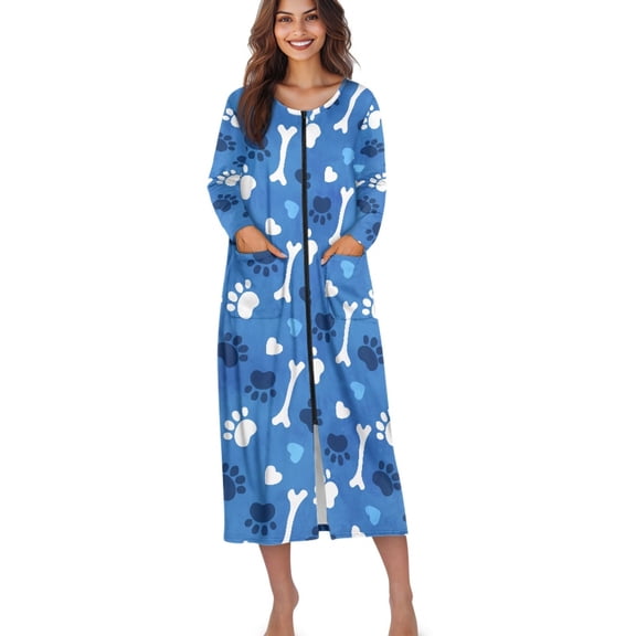 Xoenoiee Blue Dog Paw Bone Heart Print Women Robes Zipper Front Long Sleeve Full Length Housecoat with Pockets Loungewear Nightgowns Plus Size, S