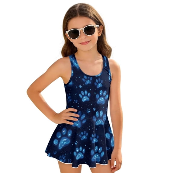 Xixirimido Blue Dog Paws Print Girls One Piece Swimsuits with Skirt Sleeveless Swim Dress Modest Skirted Swimwear with Built-in Shorts UPF 50+ Bathing Suit, 5-6 Years