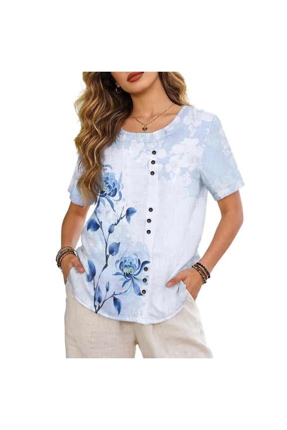 Blue Floral Leaf Print Cotton Linen Shirts for Women 2026 Summer Round Neck Short Sleeve Tops Loose Vacation Beach Blouses Button Down Tunic Tops, 4XL