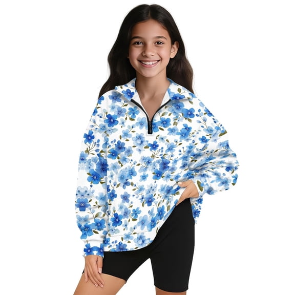 Xoenoiee Blue Floral Print Girls Half Zip Sweatshirts Lightweight Zipper Pullover Long Sleeve Casual Ladies Pullovers Shirts Tops, 11-12 Years
