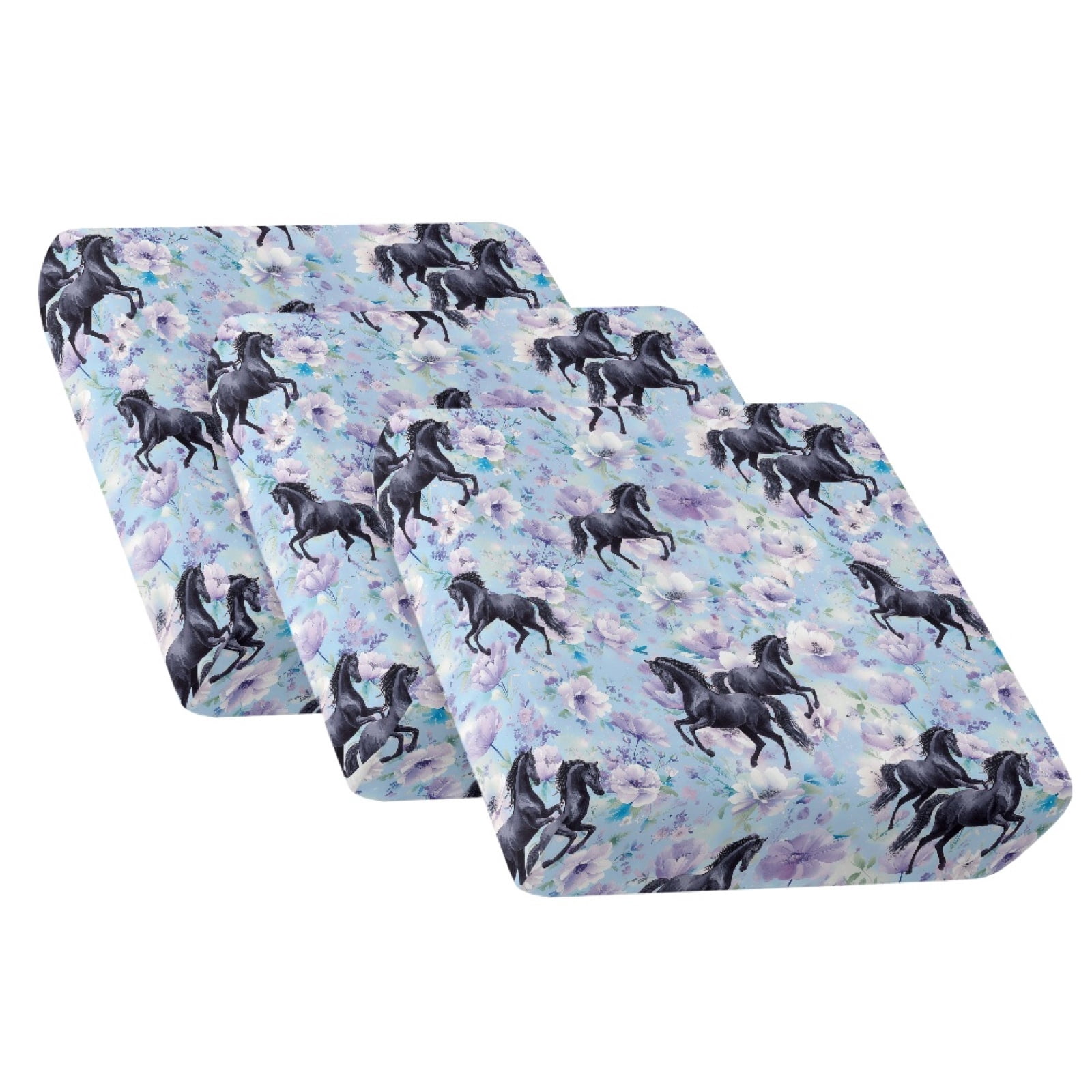 Xoenoiee Blue Flower Horse Print 3-Piece Stretch Couch Cushion Covers, Non-Slip Elastic Sofa Seat Slipcovers Washable Furniture Protector for 3 Cushion Couch, Loveseat, Sectional