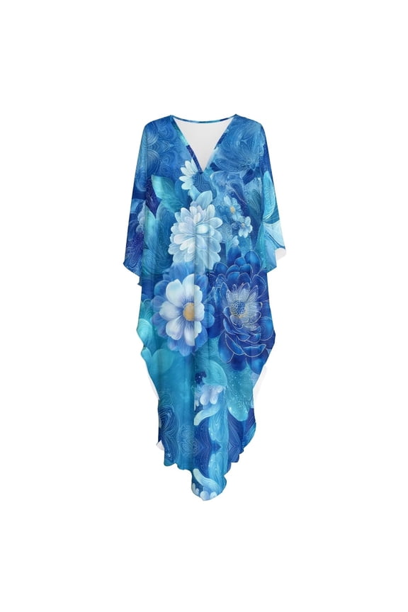 Blue Flower Pattern Kaftan Dresses for Women V Neck Plus Size Batwing Sleeve Caftans Long Maxi Dress Bathing Suit Cover Up Moomoo Dresses
