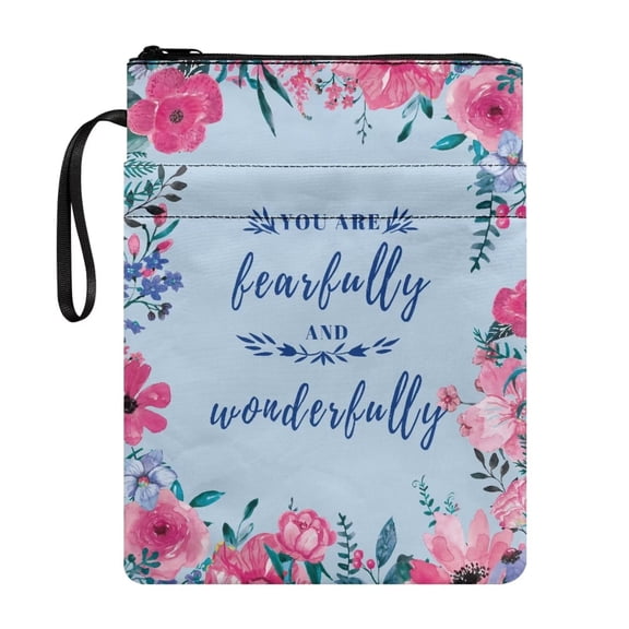 Xoenoiee Blue Flower Print Book Sleeve for Book Lovers with Zipper Protector Paperback Cover You Are Fearfully and Wonderfully Washable Pouch Pocket for Teens Adult Lover Gift