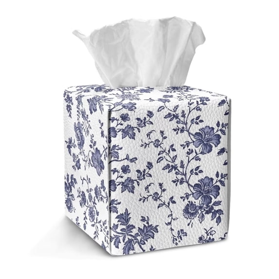 Xoenoiee Blue Flower Print Tissue Box Cover PU Leather Tissue Holder Square Foldable Tissues Cube Box Organizer for Bathroom Vanity Countertop, Car, Night Stands, Office