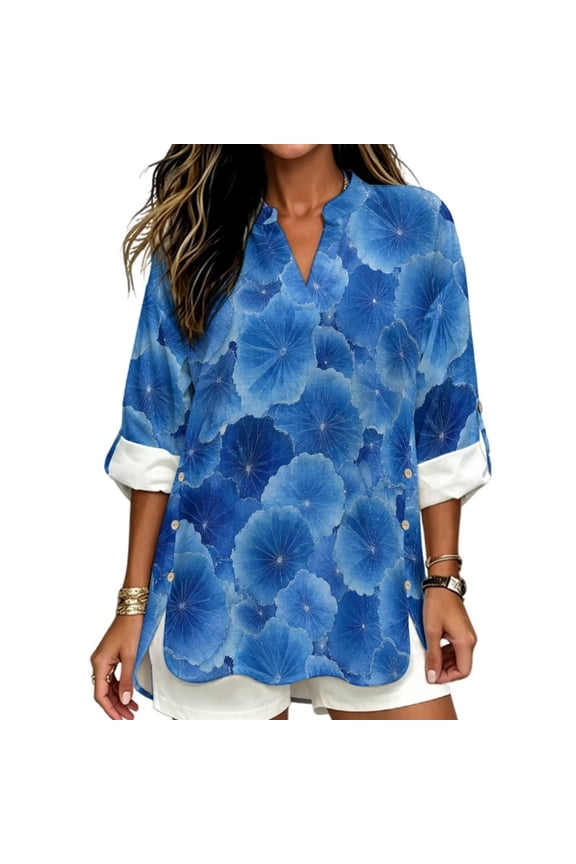 Blue Flower Print Womens Long Sleeve Tops Cotton Linen Shirts Notch V Neck Casual Loose Fit Blouses Boho Fashion Graphic Tee for Beach Travel, Size M