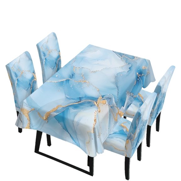 Xoenoiee Blue Golden Marble Pattern 5 Pcs Table Cover and Seat Slipcover Rectangle Tablecloth and Dining Chair Covers with Elastic Edge Furniture Decor for Home Kitchen