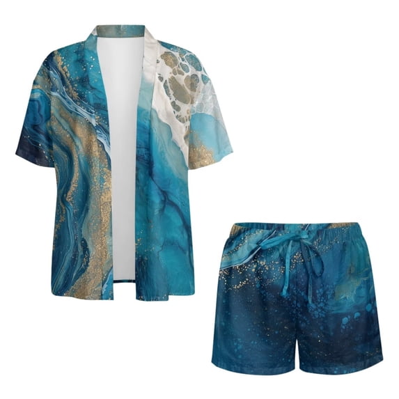 Xoenoiee Blue Golden Marble Print Women Boho Beach Cover Up Shorts Set 2 Piece Summer Lounge Outfit Lightweight Half Sleeve Swimwear Matching Outfit, Size S