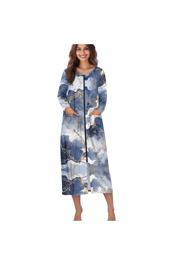 Blue Golden Marble Print Women Long House Coat Zipper Front Robes Full Length Nightgowns with Pockets Loungewear Bathrobe, Size L