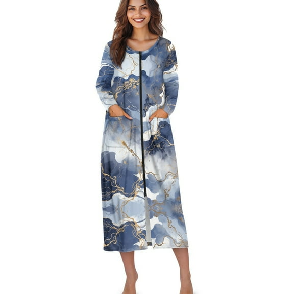Xoenoiee Blue Golden Marble Print Women Long House Coat Zipper Front Robes Full Length Nightgowns with Pockets Loungewear Bathrobe, Size S