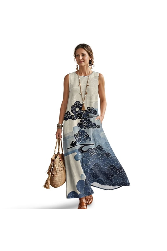 Blue Gradient Cloud Wave Swirl Print Linen-Like Maxi Dress Summer Dresses 2026, Beach Vacation Clothes Sleeveless Sundresses with Pockets, Boho Outfits for Travel Holiday Party, 3XL