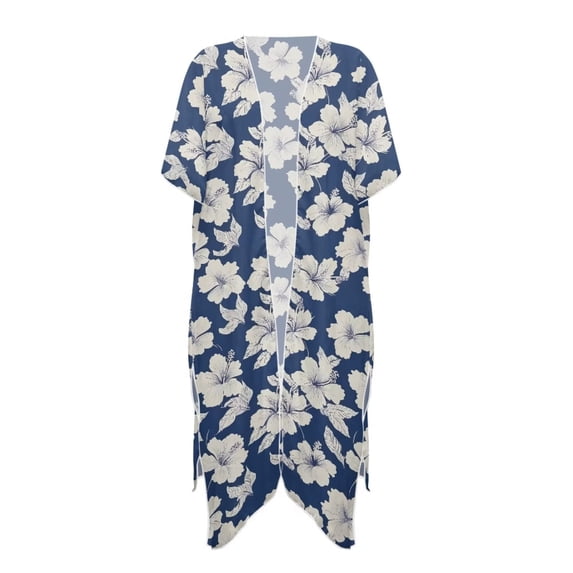 Xoenoiee Blue Hibiscus Flower Print Womens Kimono Mesh Swimsuit Coverup Long Beach Cover Ups Short Sleeve Summer Cardigan Quick Dry Swimwear Beachwear