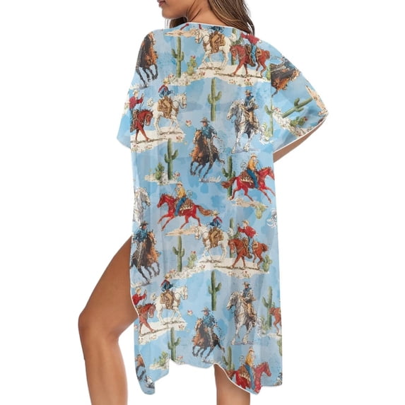 Xoenoiee Blue Horse Cactus Pattern Women Short Sleeve Kimono Cardigan Lightweight Open Front Cover Up Loungewear Cape Casual Loose Resort Wear for Summer