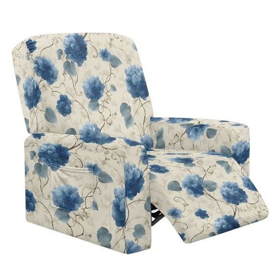 Xoenoiee Blue Hydrangea Flower Print Recliner Slipcover Lazyboy Recliner Chair Cover 4 Piece Stretch Recliner Couch Covers Small Reclining Cover with Pockets Furniture Protector