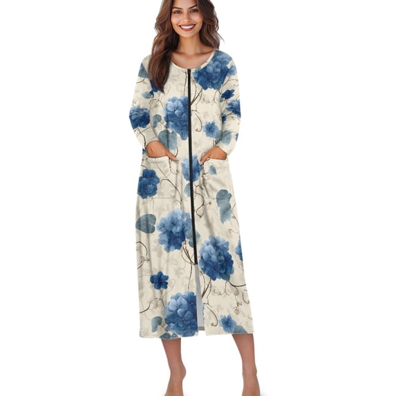 Xoenoiee Blue Hydrangea Flower Print Women Zipper Robe Long Housecoat Zip Up Bathrobes Full Length Nightgown Loungewear with Pockets, M
