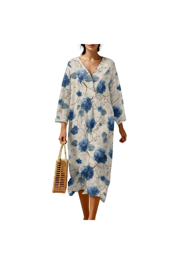 Blue Hydrangea Flower Print Womens Cotton Linen Dress V Neck Casual Flowy Plus Size Midi Dresses 3/4 Sleeve Pleated Dress, M