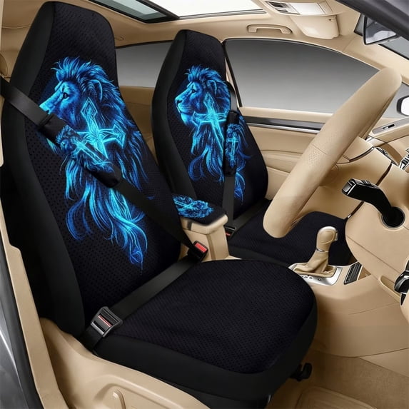 Xoenoiee Blue Lion Cross Print Car Seat Covers Full Set of 5 for Women Men, Faux Leather Auto Seat Cover Protector with Seat Belt Covers and Center Console Cover