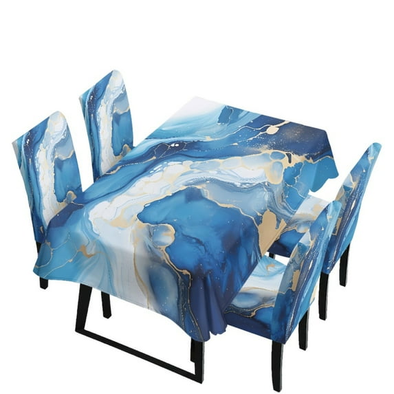 Xoenoiee Blue Marble Print Tablecloth Chair Cover Set, Washable Table Cloth with Parsons Chair Slipcovers Protective Set of 4 for Home Restaurant Banquet (5 PCS)