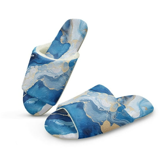 Xoenoiee Blue Marble Print Unisex Indoor/Outdoor Cotton Slippers Non-Slip Warm Fleece Lining Cozy Bootie Slippers for Men and Women, 7.5-8.5 Women/6.5-7.5 Men